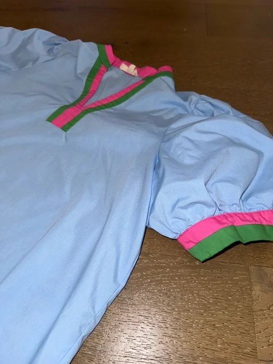 entro Blue Puff Sleeve Top with Pink and Green Trim - Picture 3 of 4